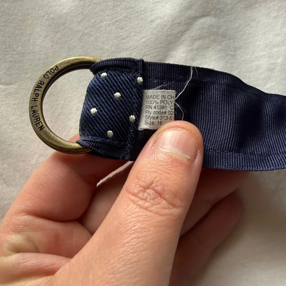 Polo Ralph Lauren Kids Navy Blue Polka Dot D-Ring Ribbon Belt Size 16 Preppy
